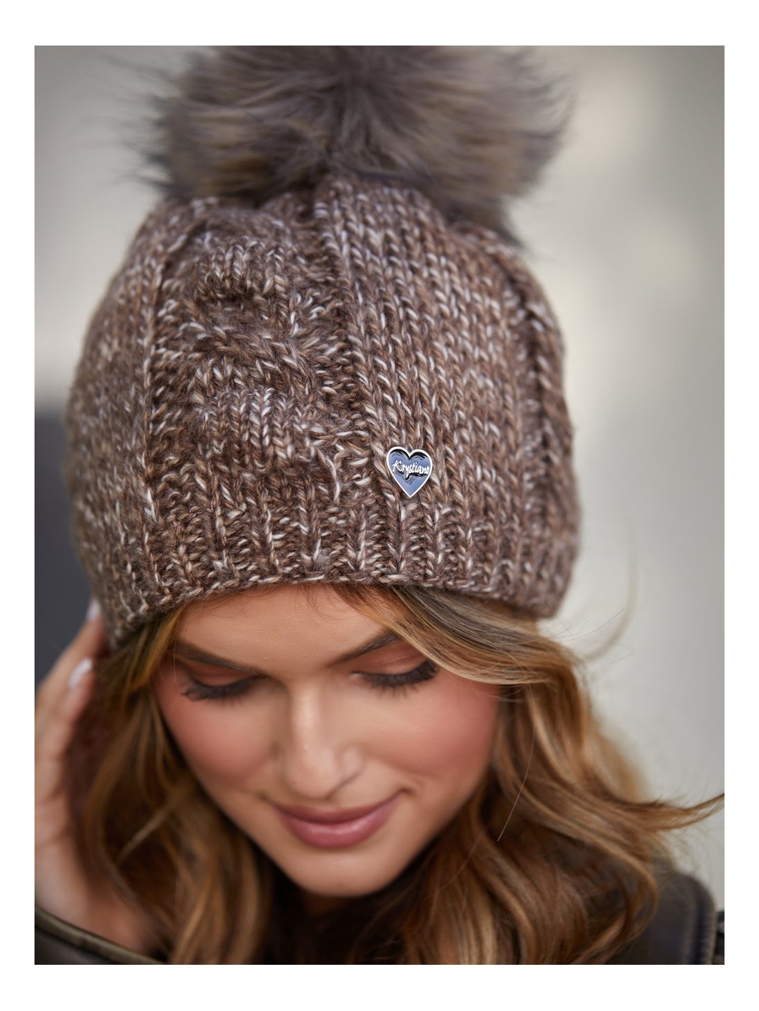 Winter hat with a pompom, brown C39 - Online store - Boutique